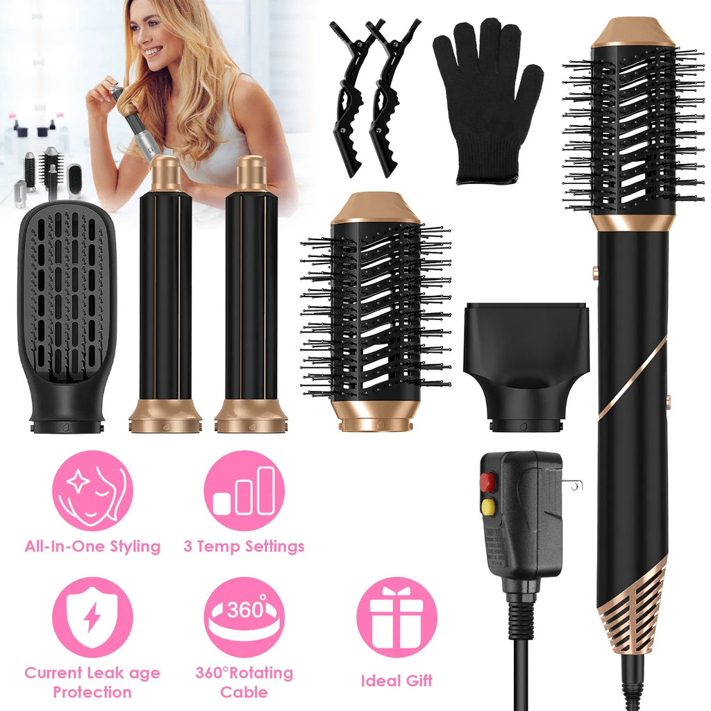 5 In 1 Hot Air Styler Straightener Curler Dryer Automatic Wrap Styler Hair Dryer Brush Set With 3 Temp Settings ALCI Plug Glove Cable Tie 2 Alligator Hair Clips GPCT5395